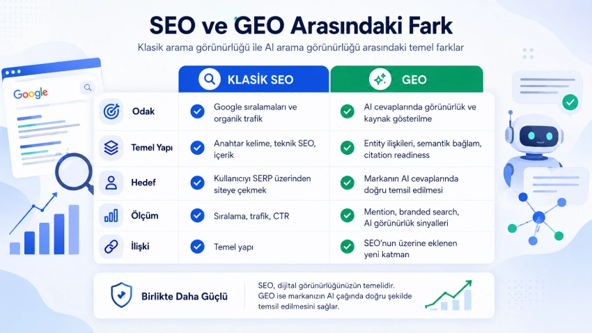 SEO ve GEO arasındaki farkları gösteren karşılaştırma